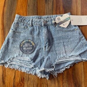 Studded Light Blue High-Rise Denim Shorts - Relaxed Fit
